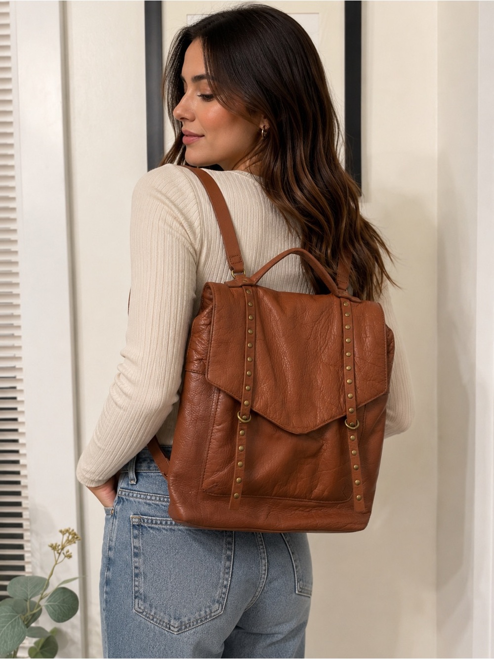 Lucky Brand Chestnut Brown Stud-Detail Leather Adjustable Strap Backpack Bag